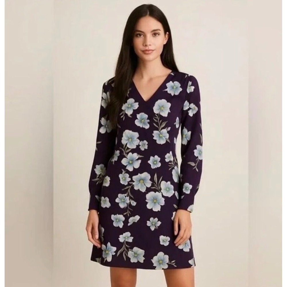 Cabi 4018 Ellery Purple Blue Floral V-Neck Long Sleeve Shift Dress Small